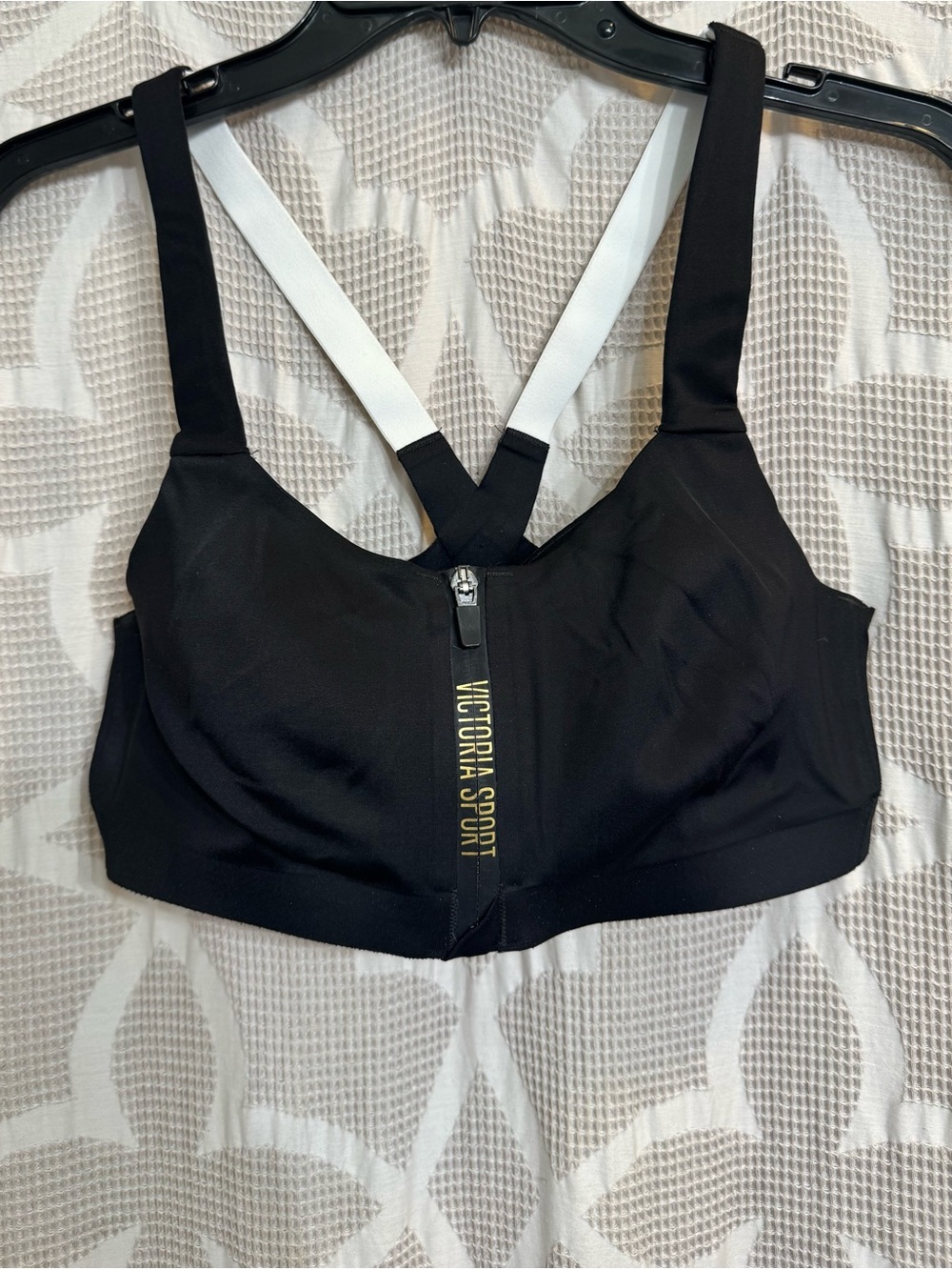 Victoria Sport Black Front-Zip Sports Bra with White Cross-Back Straps